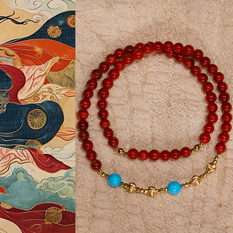 18k金南红绿松石“楼兰如梦”新中式双层珠串手链（约卡4.5mm左右）