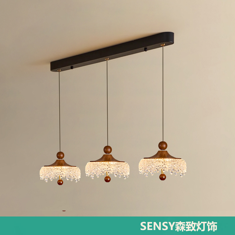 中古风餐厅吊灯水晶法式复古胡桃木色过道美式三头餐桌床头小吊灯