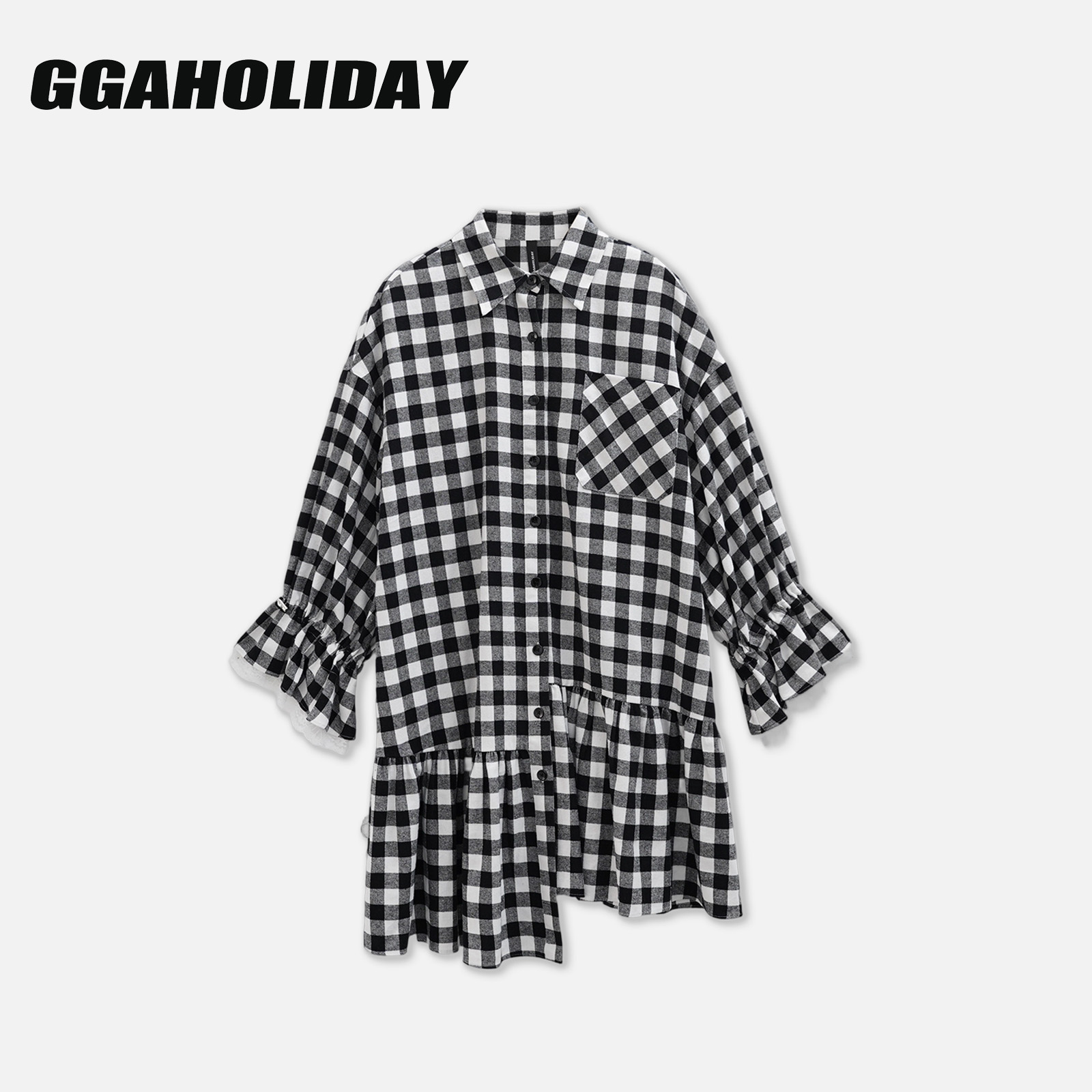 【上新】GGAHOLIDAY秋季时尚黑白格子长袖不规则衬衫连衣裙-153127