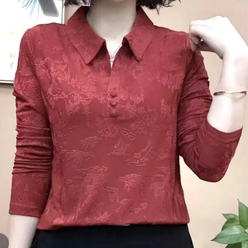 提花polo领长袖女士印花洋气翻领休闲上衣