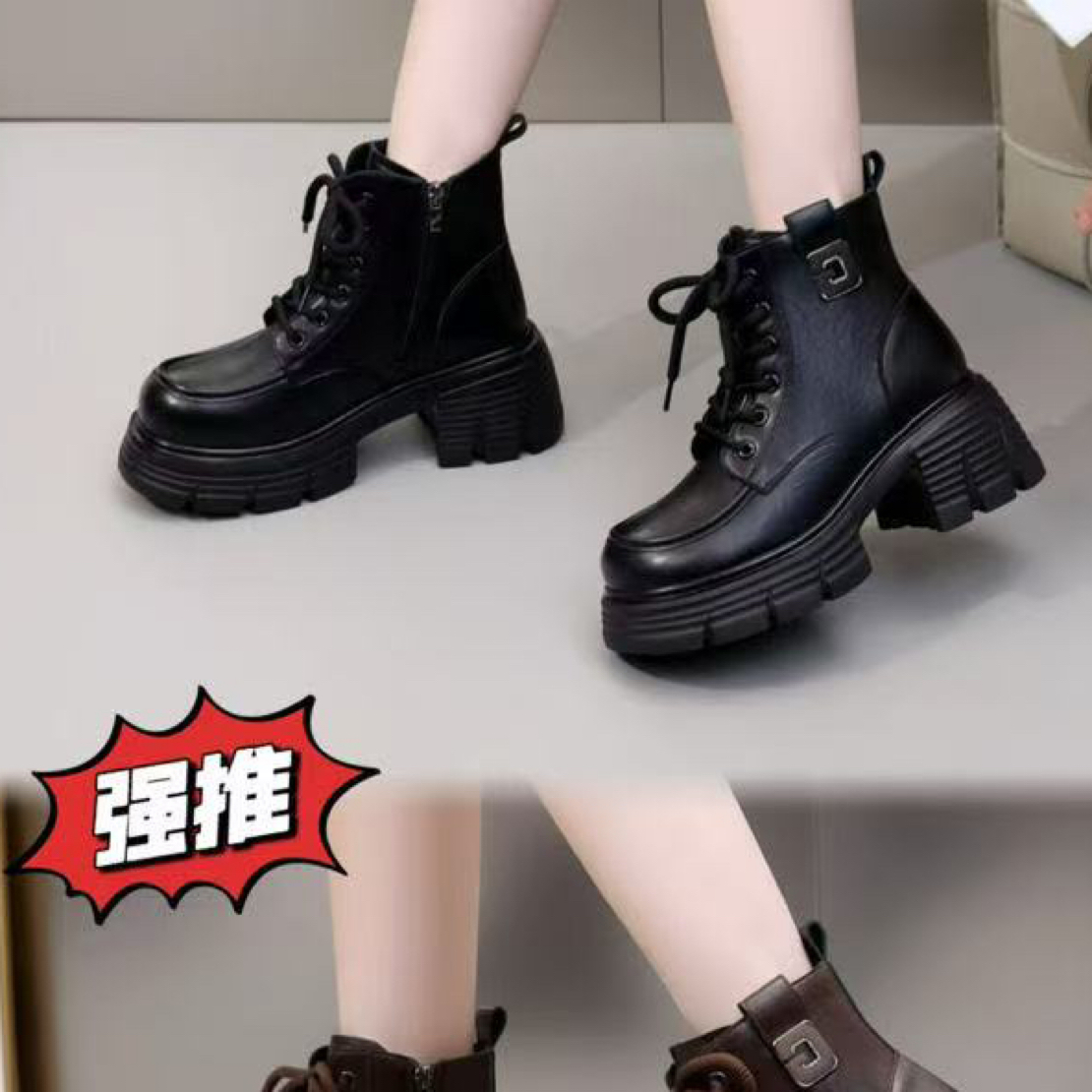 88351冬季加绒厚底马丁靴女英伦风增高百搭短靴