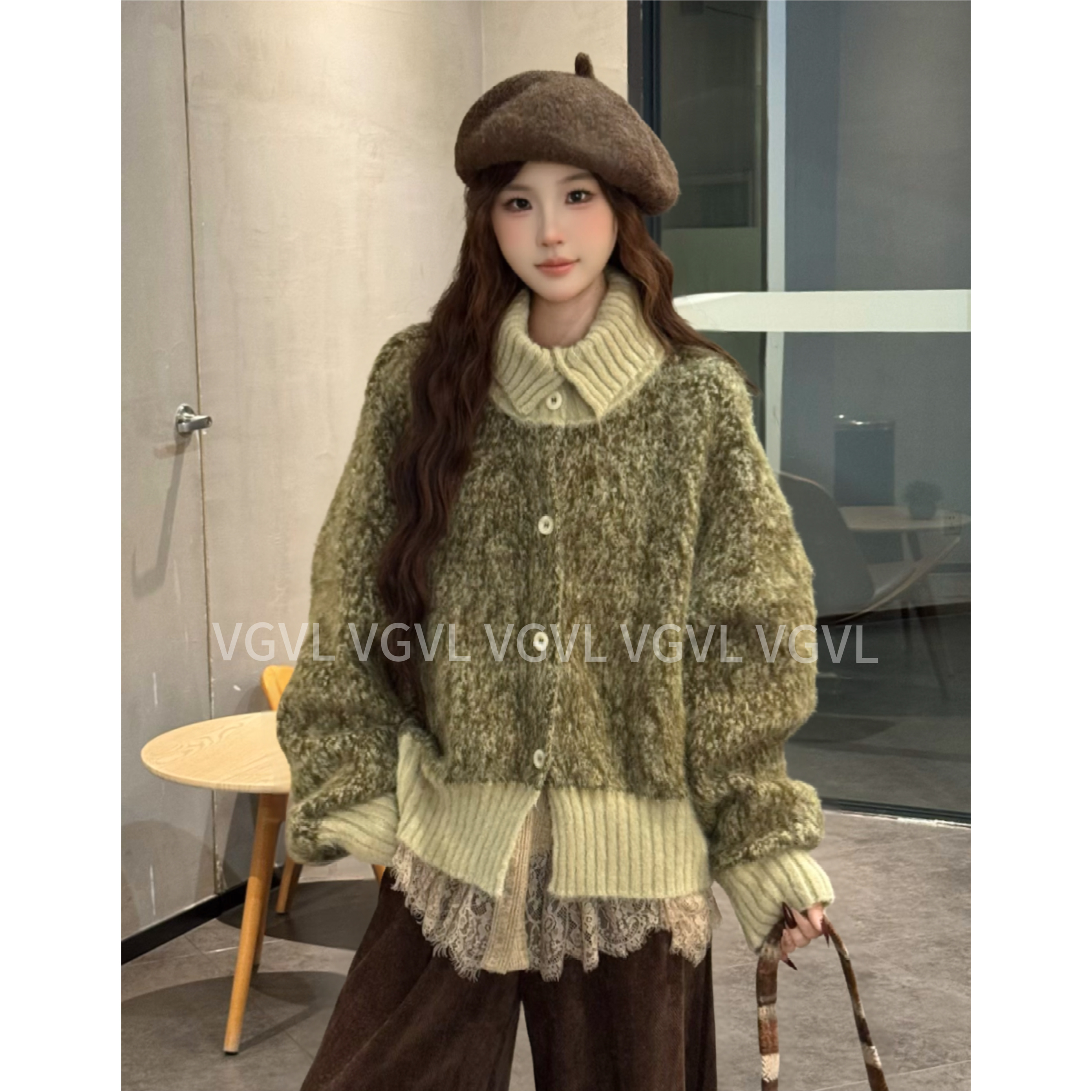 VGVL小卓毛衣【抹茶泡芙】立领冬季女翻领网红毛针织衫百搭50246