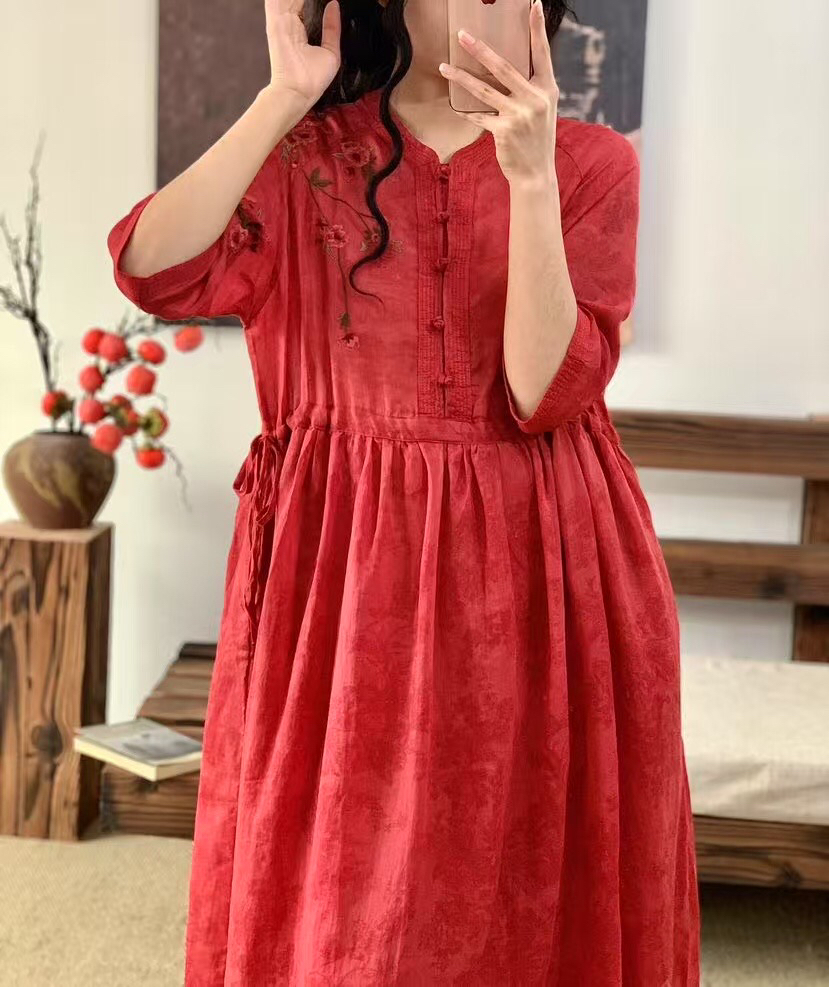 纯色苎麻小立领肩部刺绣文艺气质宽松夏季显瘦半袖长款连衣裙