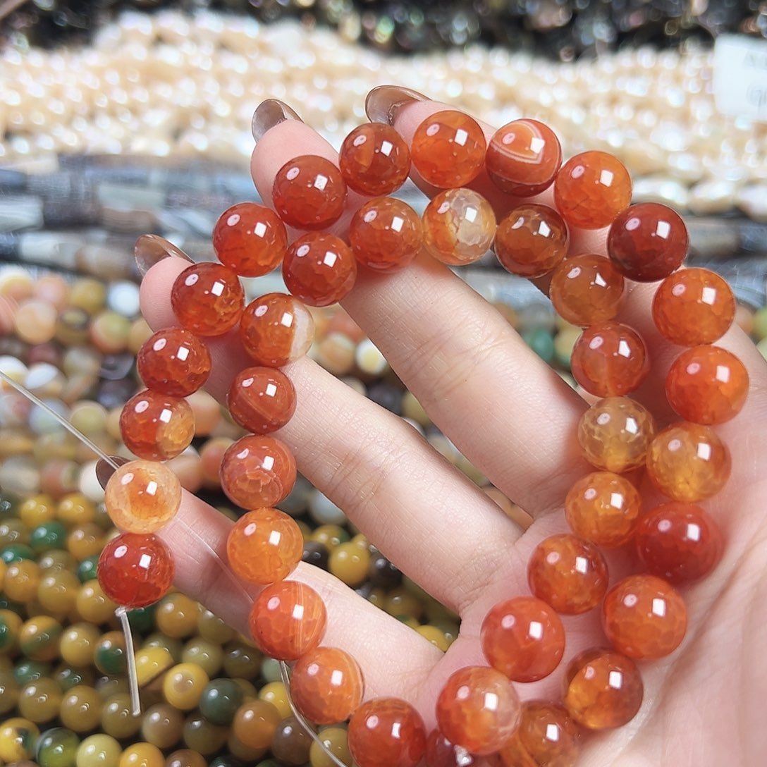 玛瑙/玉髓合金珠宝半成品a513龙鳞纹红玛瑙圆珠10mm一条