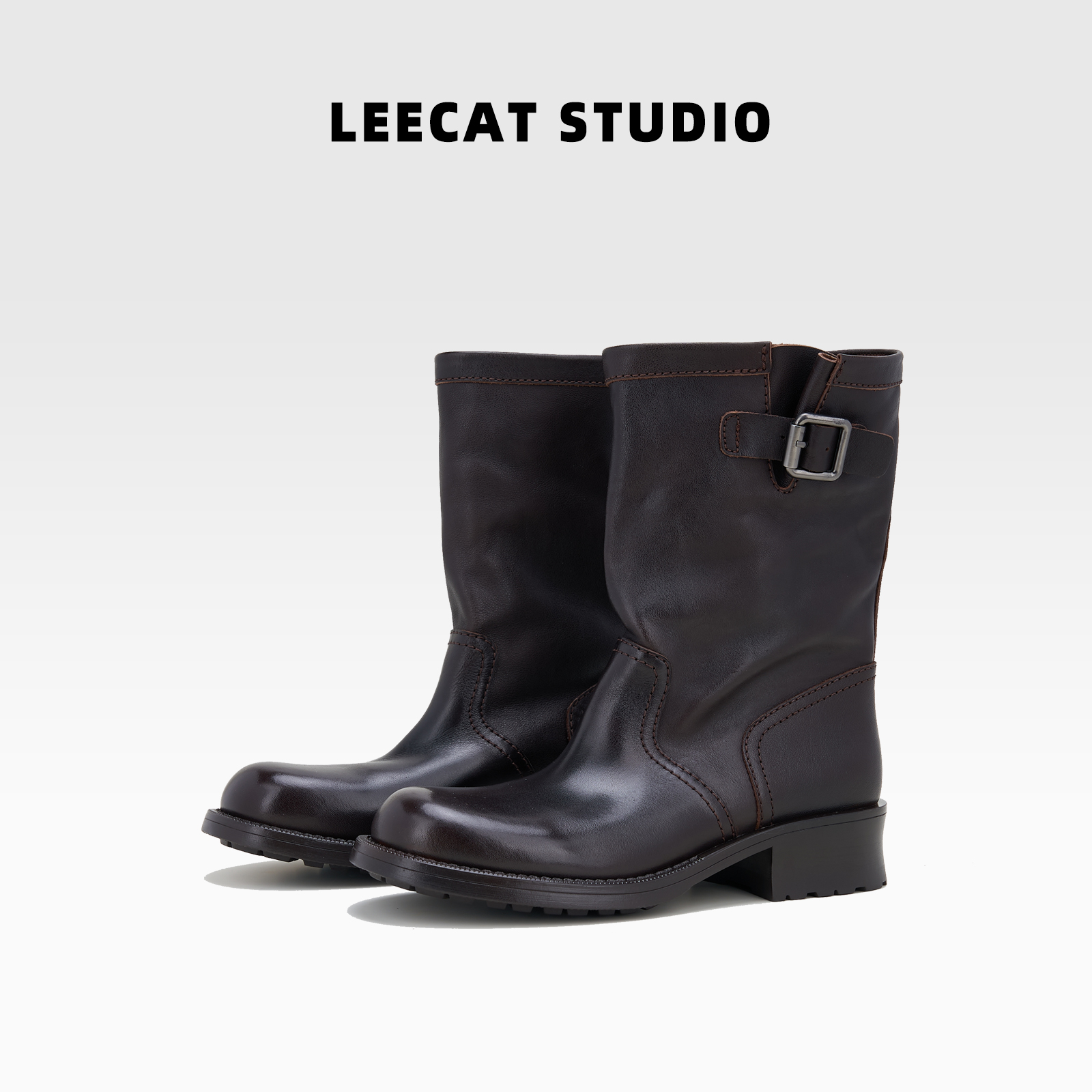 LeeCat Studio气质增高皮带扣堆堆靴秋冬新款百搭时尚气质小短靴