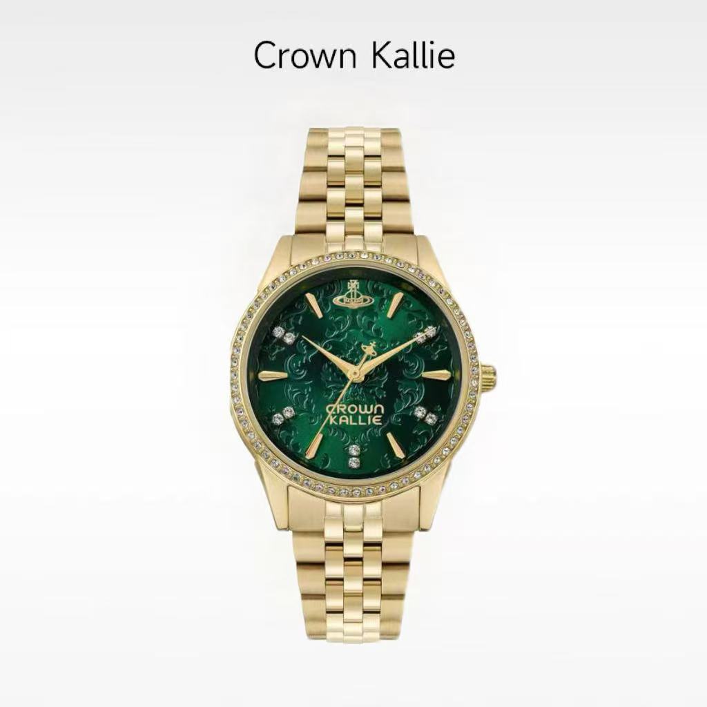 Crown Kallie-西太后联名同款暗绿浮雕满钻女士时尚腕表ck8139