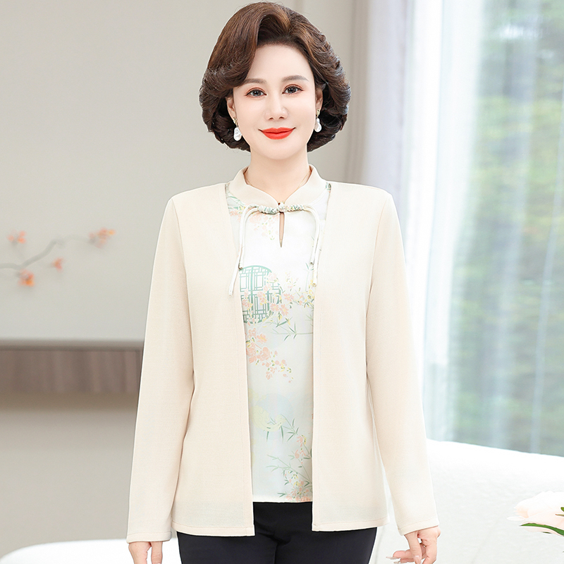 妈妈中年中式长袖T恤假两件打底洋气中老年新款女装小衫气质上衣