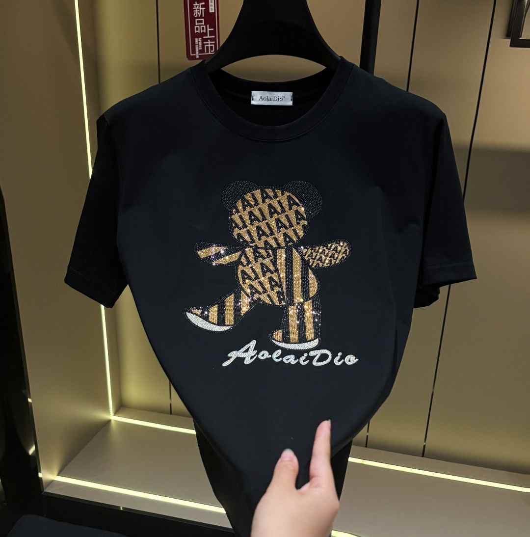 2025新款早秋情侣555设计师烫钻轻奢短袖上衣圆领日常男士T恤
