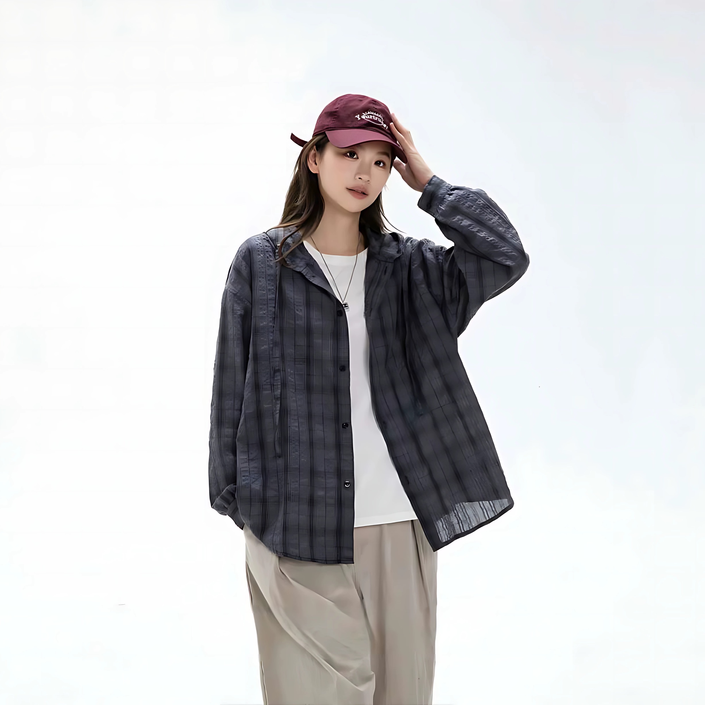 【C2238】夏季薄款格子连帽防晒长袖衬衫男女美式复古慵懒风衬衣