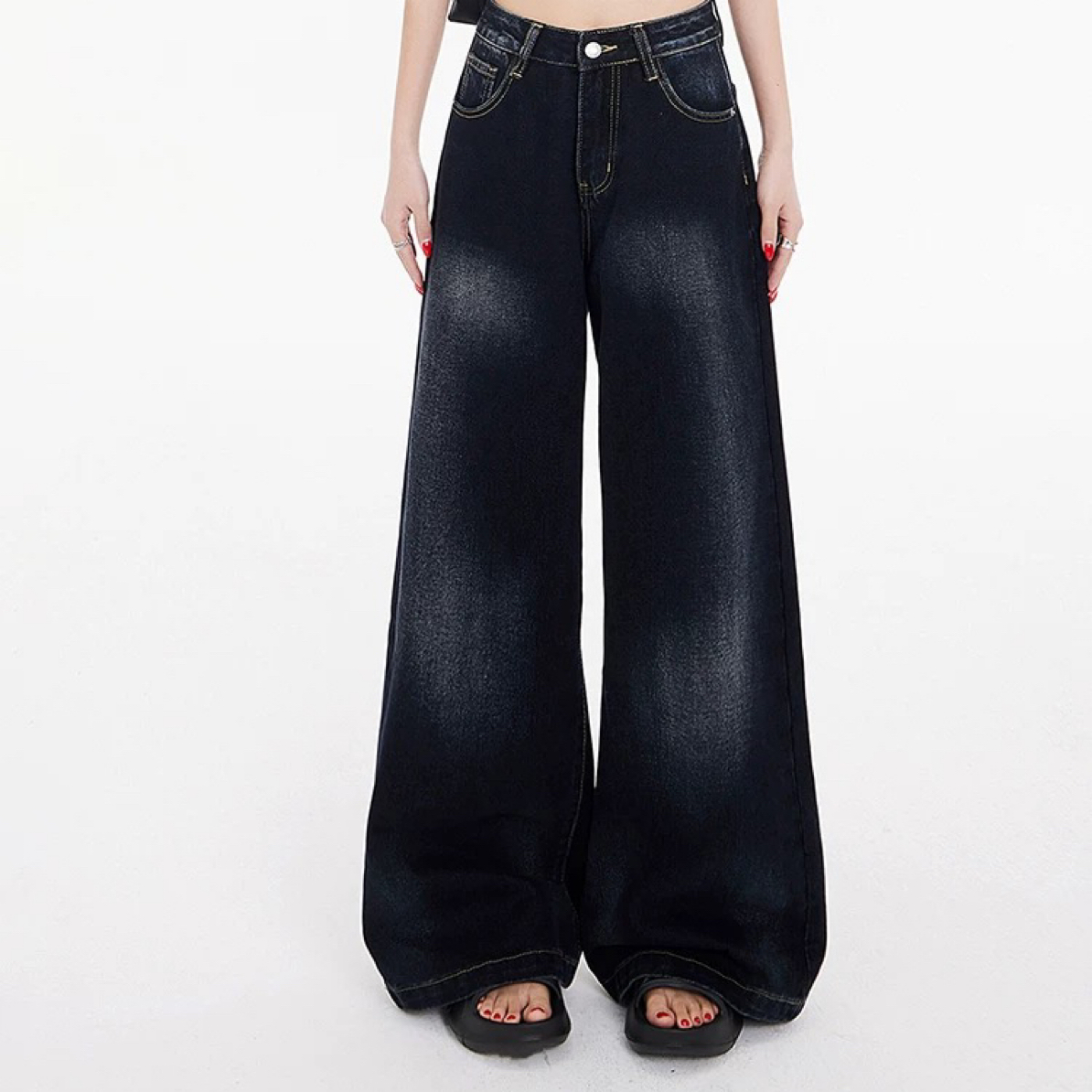 【有瑕疵 介意勿拍】美式蓝灰色大阔腿拖地牛仔裤