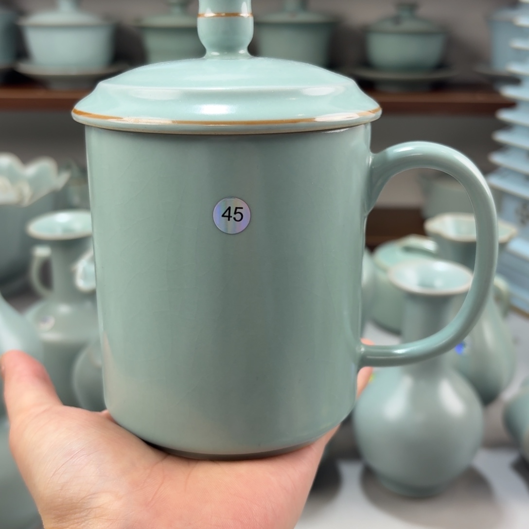 文***峰瓷摆件汝窑仿古釉办公杯＋刻字“文峰”