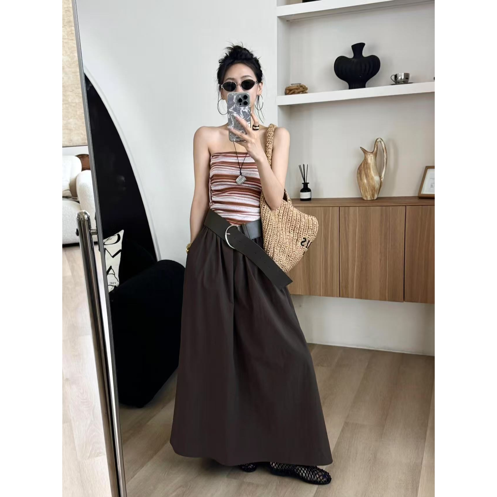 SP 夏季小众复古撞色条纹设计感收腰抹胸连衣裙拼接裙女chic