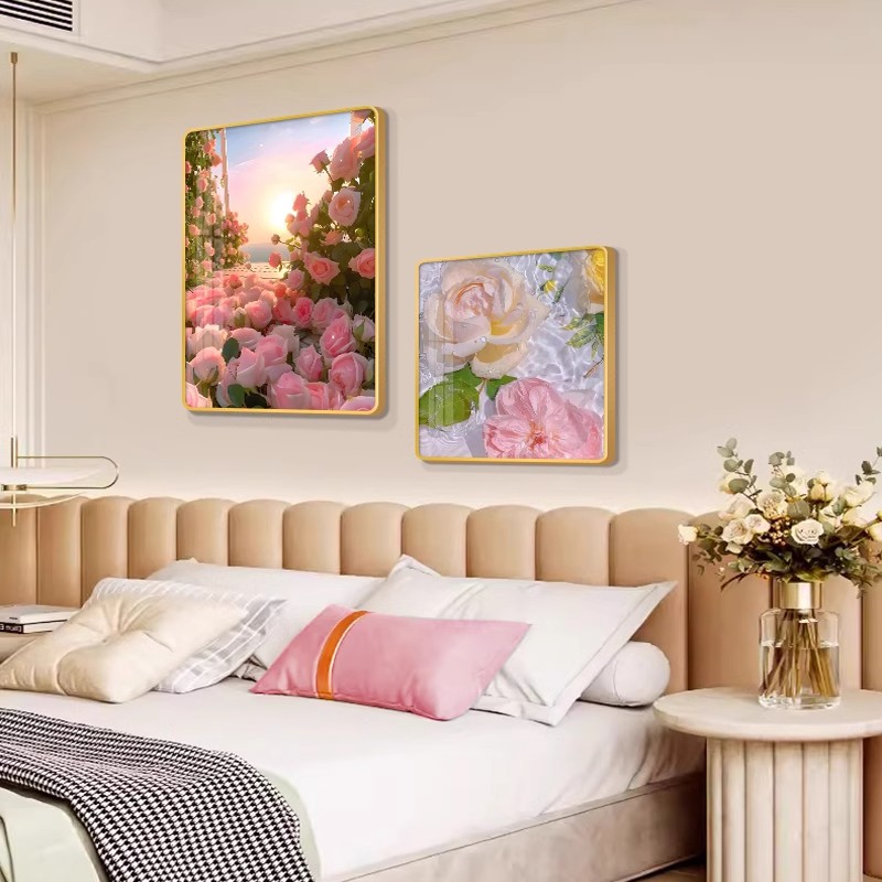 现代简约卧室床头装饰画轻奢主卧背景墙挂画新款床头组合玫瑰448