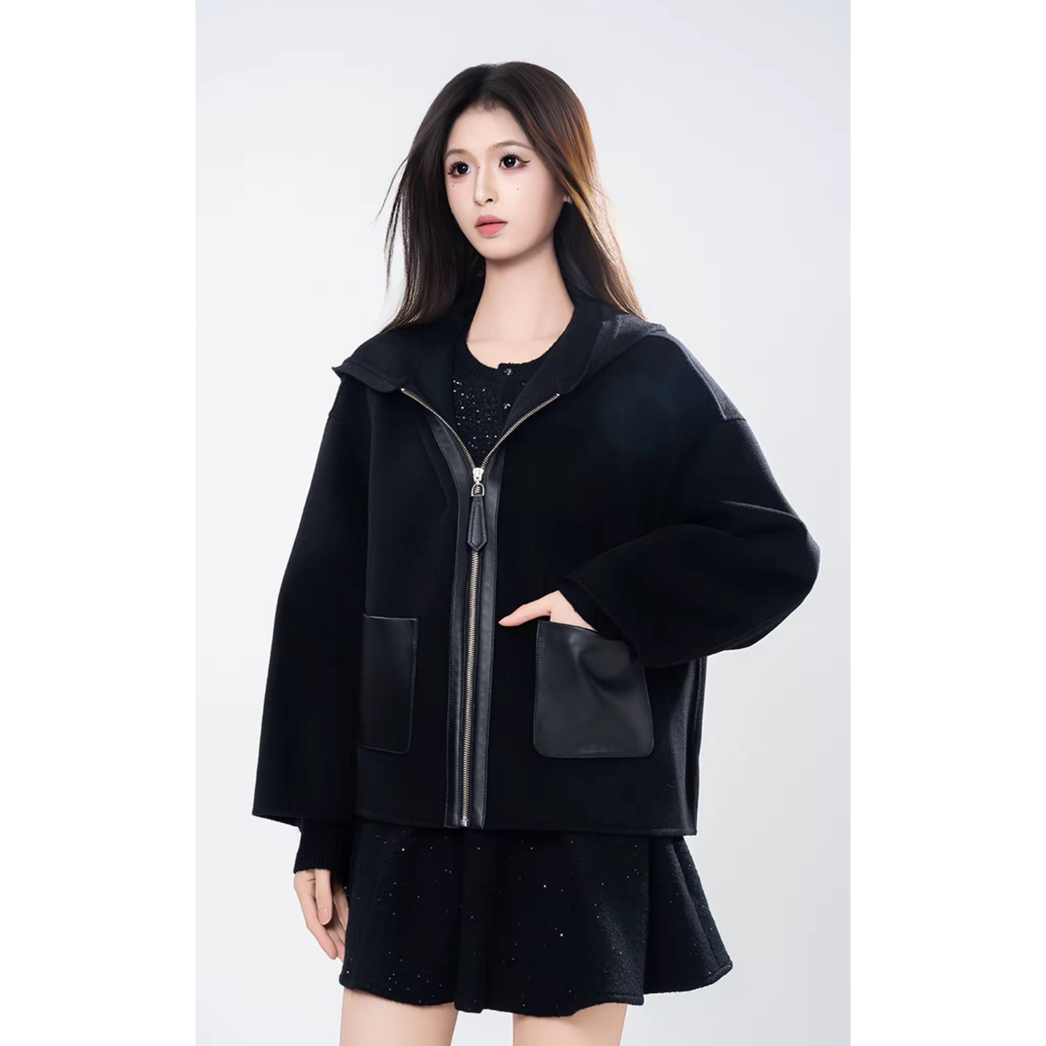 阿玛施【官方正品】秋冬气质时尚百搭宽松连帽韩版毛呢外套540034