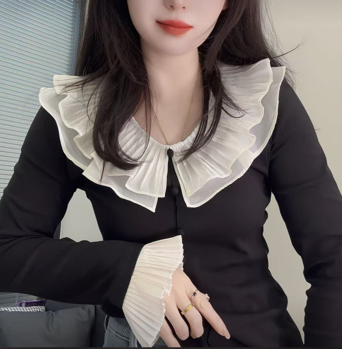 秋冬新款拼接荷叶领喇叭袖长袖百搭打底T恤上衣