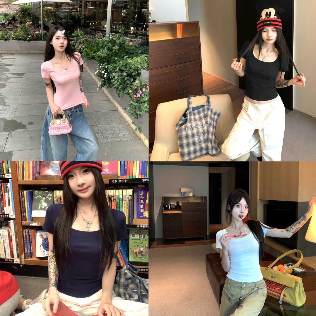 XIAO SISTERS/A027显瘦正肩u领短袖T恤修身显瘦辣妹风纯欲上衣