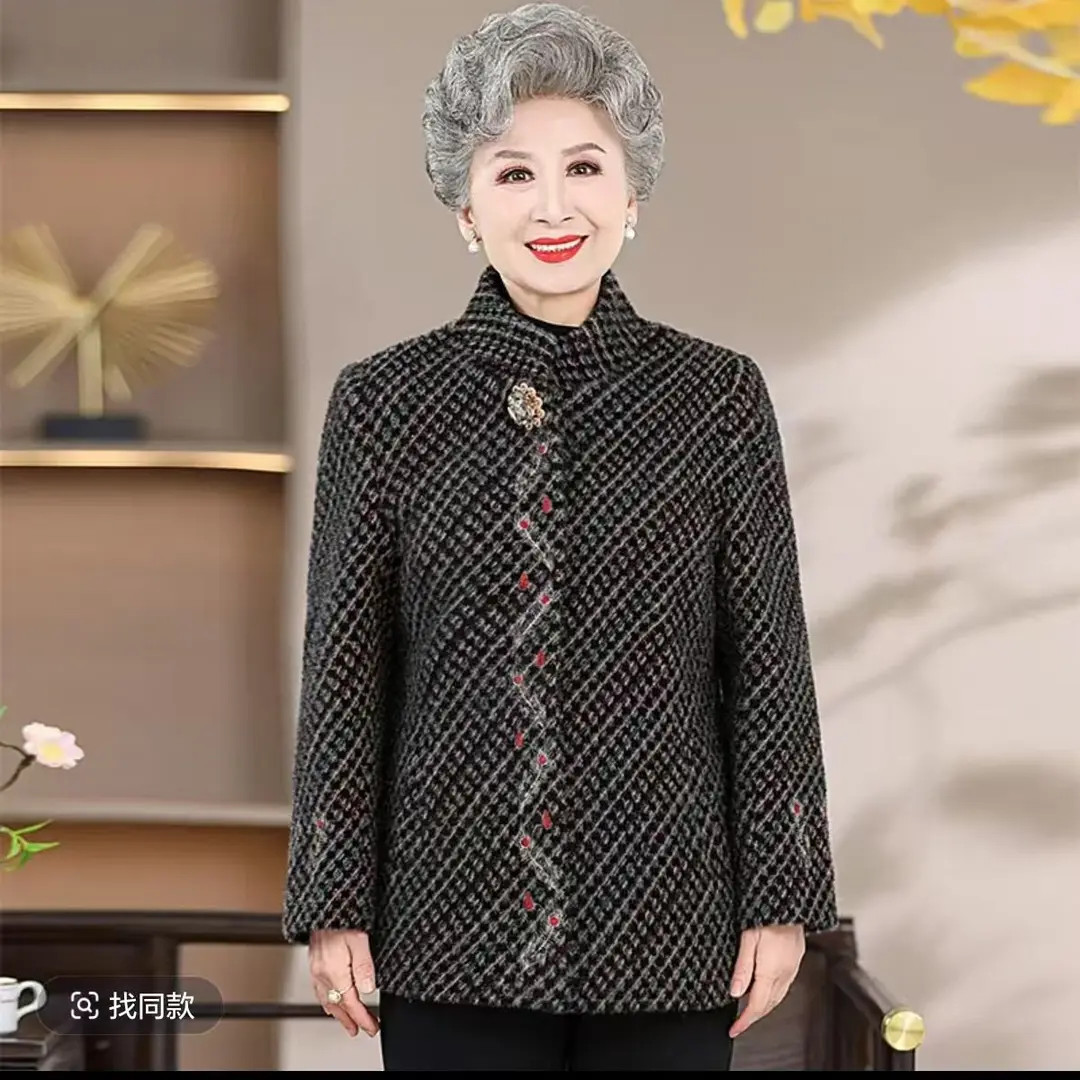 A0100奶奶外套中老年加绒加厚毛呢保暖上气质春秋妈妈装洋气时尚