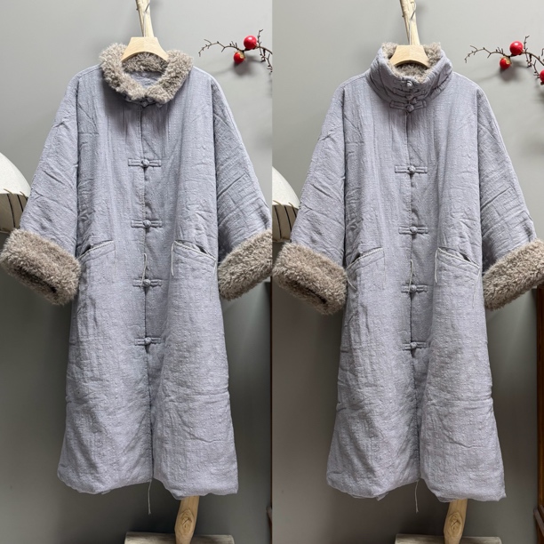 22312亚麻立领两穿造型款复古手工缝线重工棉衣（衣长108胸围156）