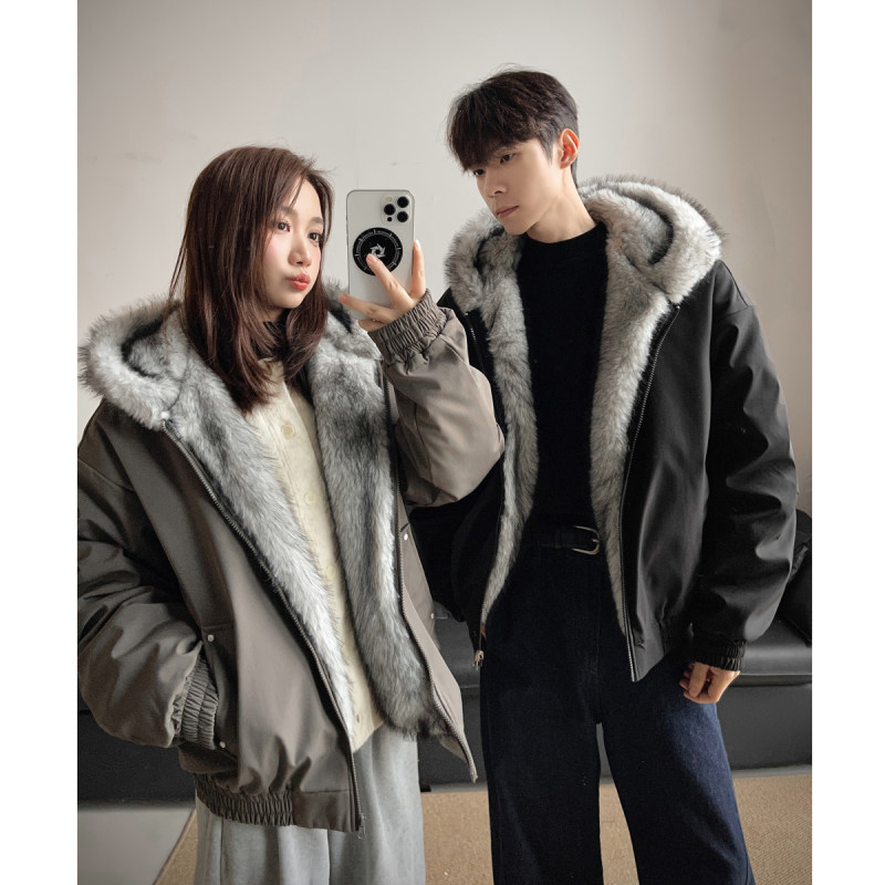 男士休闲座山雕情侣大毛领连帽棉衣男装冬季外套加厚保暖潮流