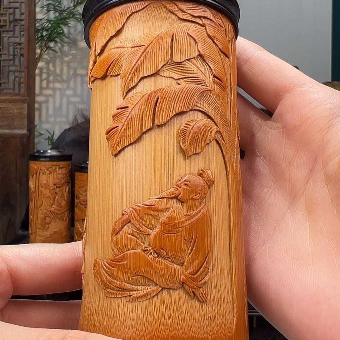 竹竹雕放鹤图茶叶罐