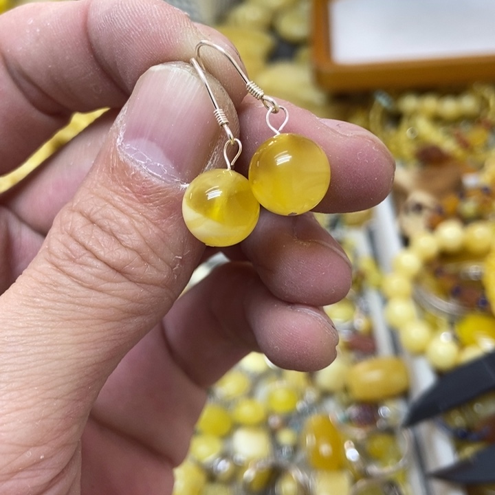 蜜蜡银S925镶嵌裸石耳坠