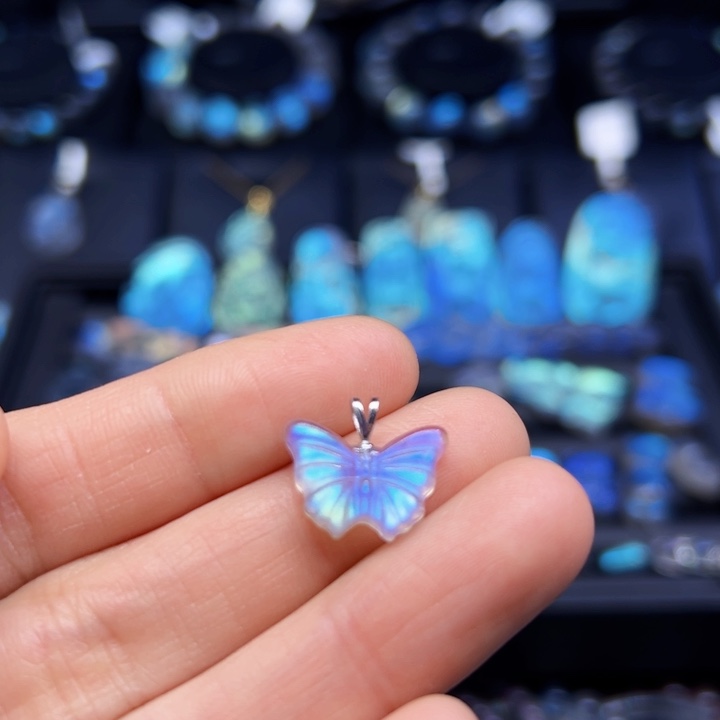 拉长石吊坠(不含链)银S925镶嵌蝴蝶