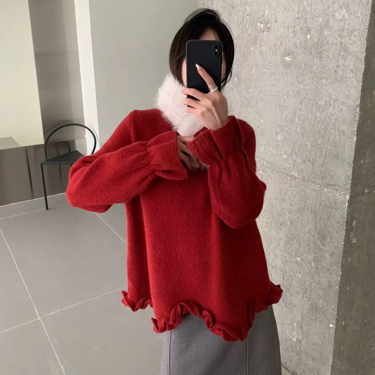 高端欧货冬新款高级感时尚圆领木耳花边加绒长袖卫衣打底衫上衣女