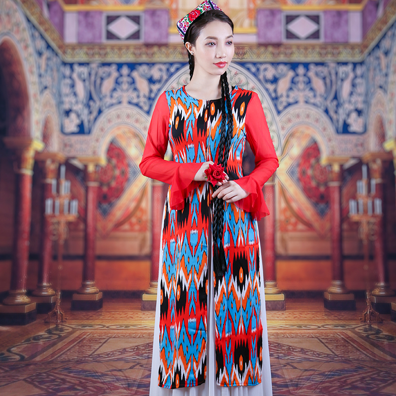 新疆舞蹈服春季艾德莱斯喇叭袖长恰袢百搭显瘦修身弹性长马甲