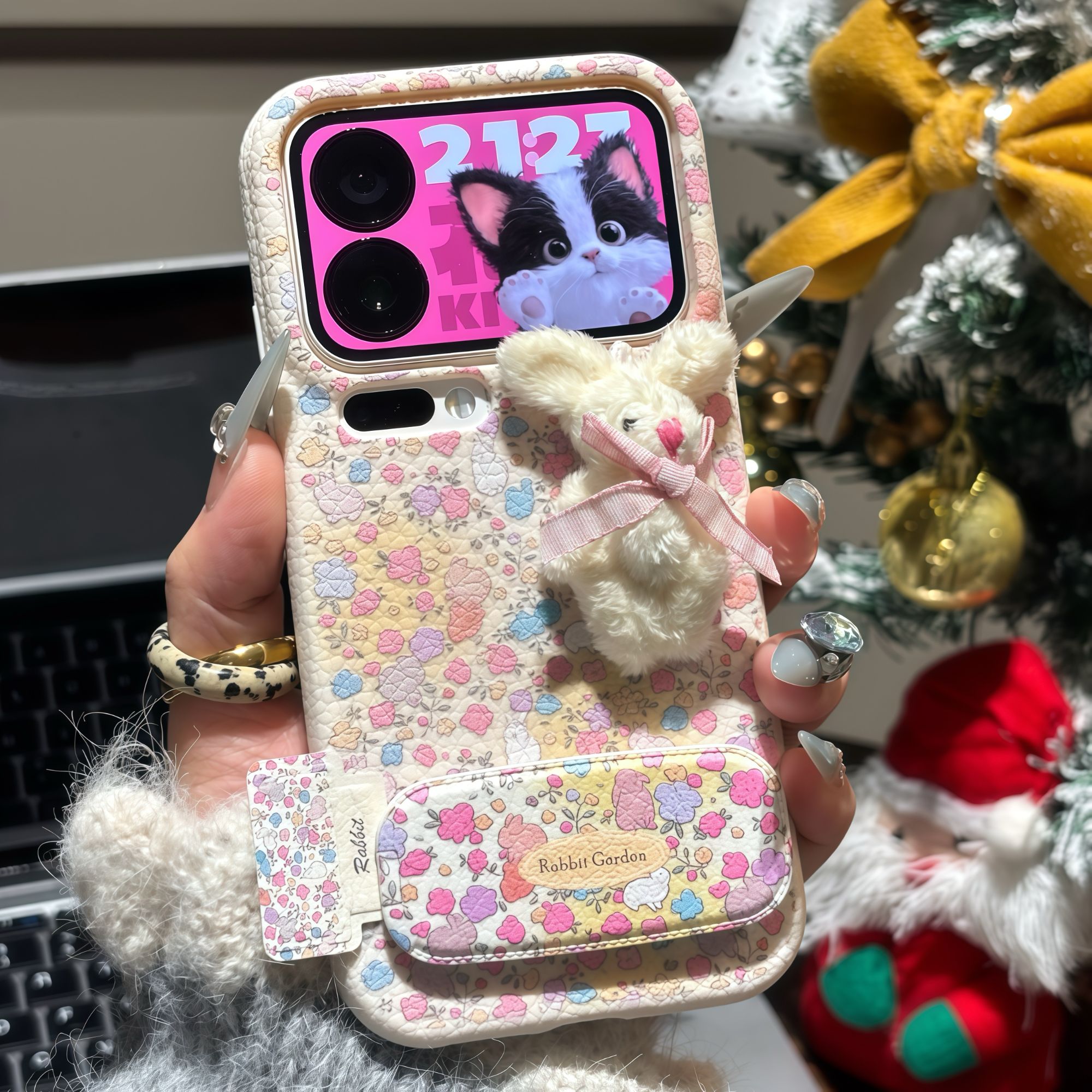 冬日碎花毛绒兔支架适用苹果17/16promax手机壳华为vivoppo小米15