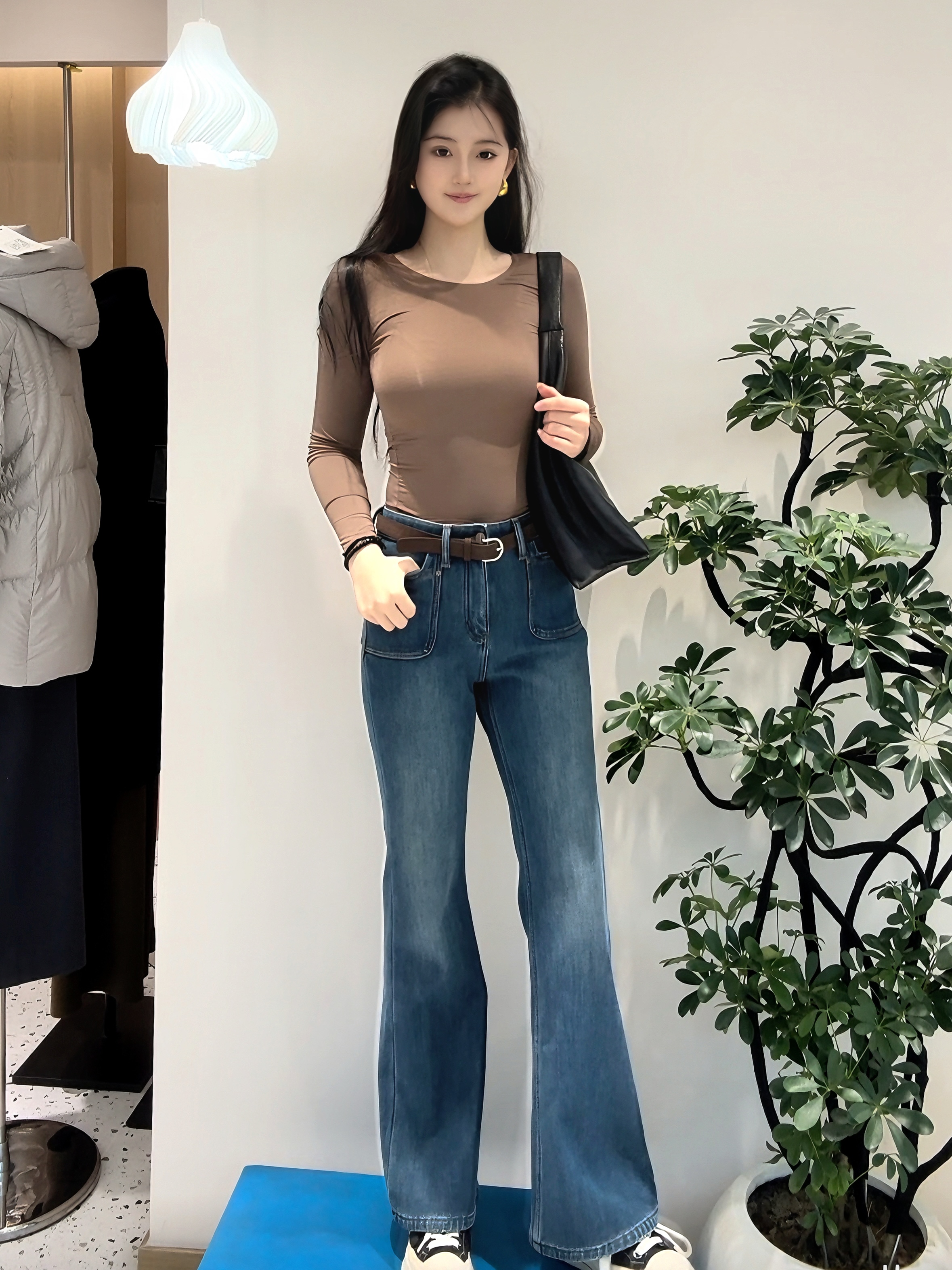 秋冬季春季通用链条高腰牛仔裤百搭女装长裤复古常规