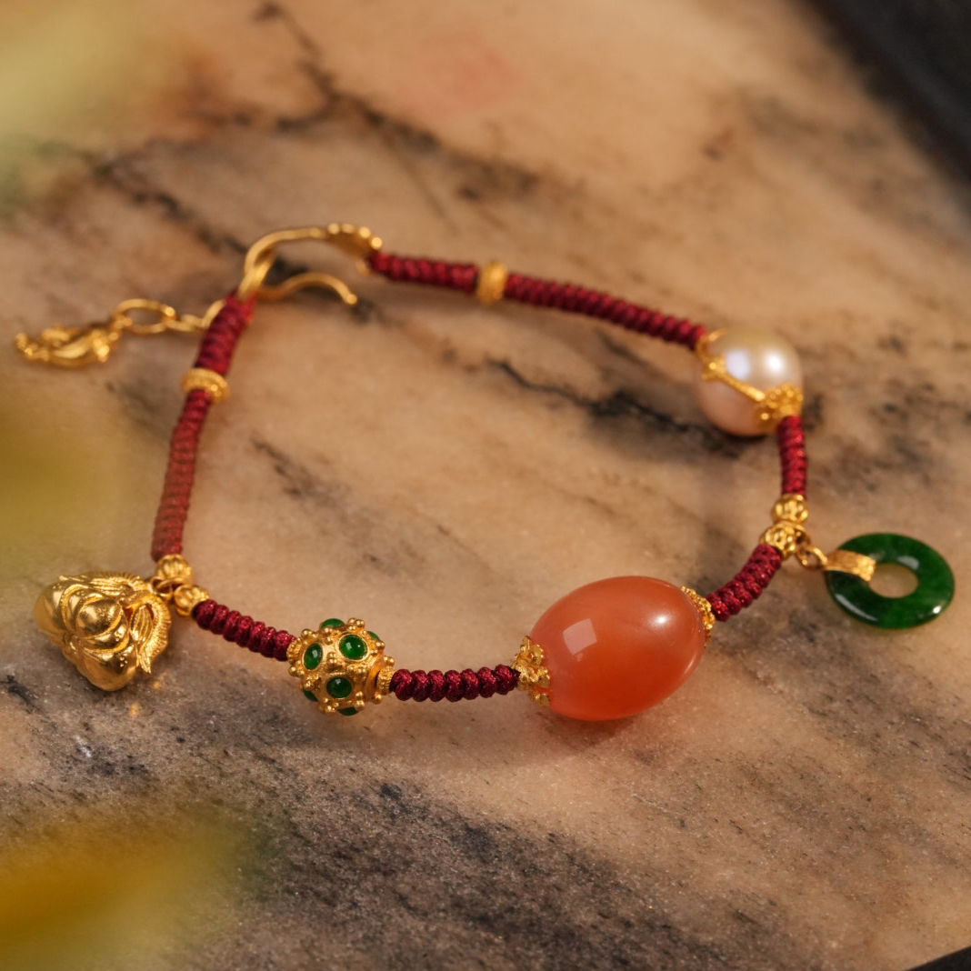 【惜拾妆匣】24k足金錾玲珑球嵌满色辣绿翡翠南红玛瑙多宝手链