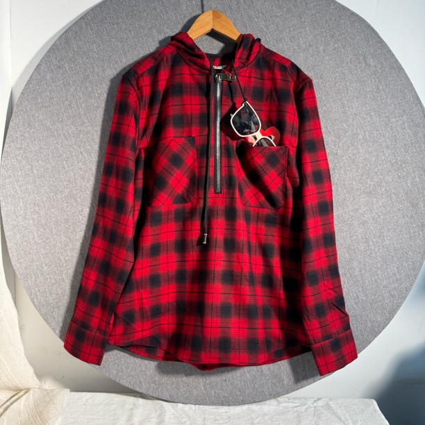 8201 P家高货格子连帽半拉链经典百搭显瘦时尚洋气长袖T恤