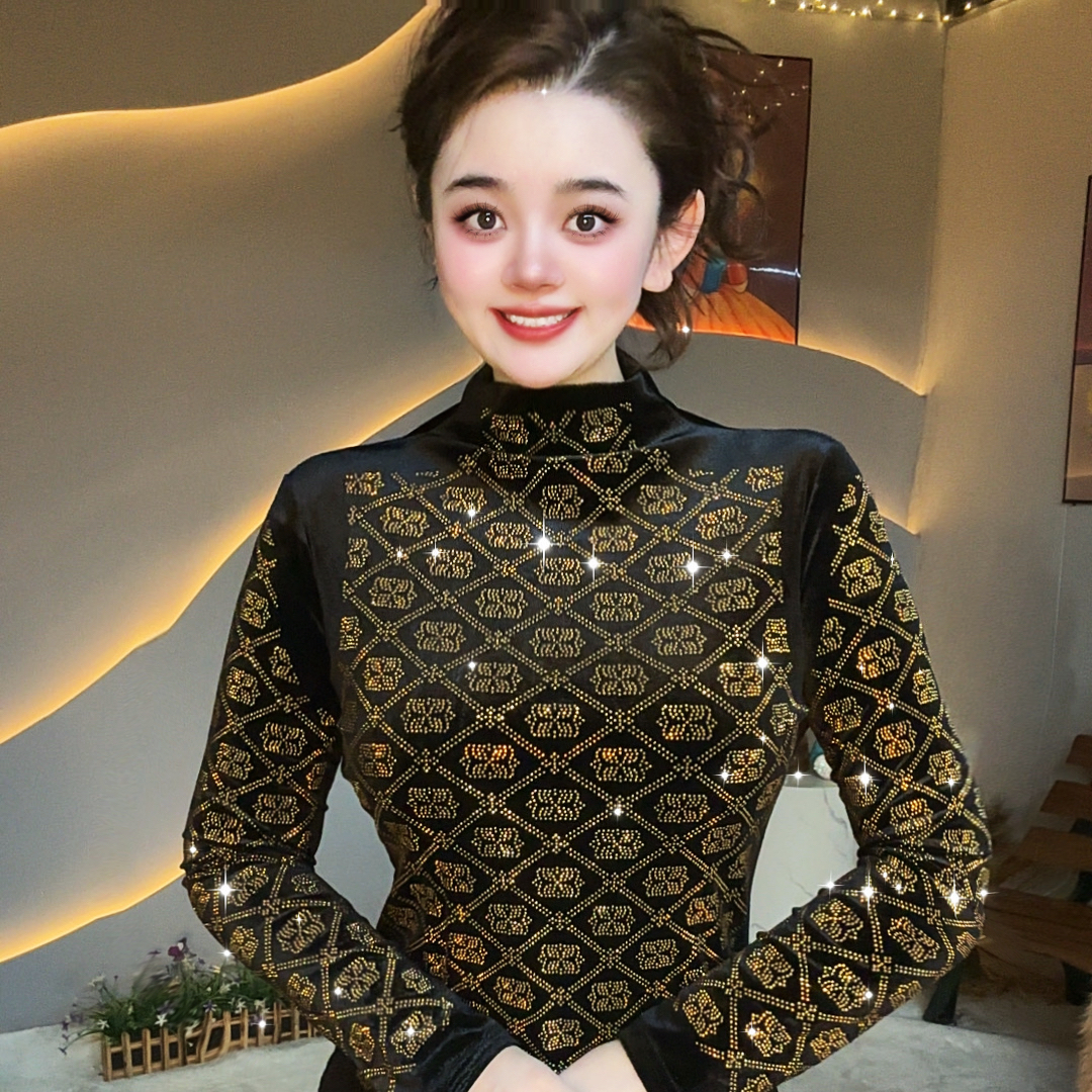 【如意网格】2025长袖休闲风新潮风烫钻女T恤网红时尚百搭打底衫