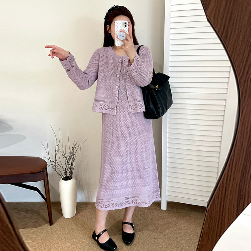 【涵胖胖】清*计感针织套装2025秋款胖mm开衫女背心连衣裙套装23181