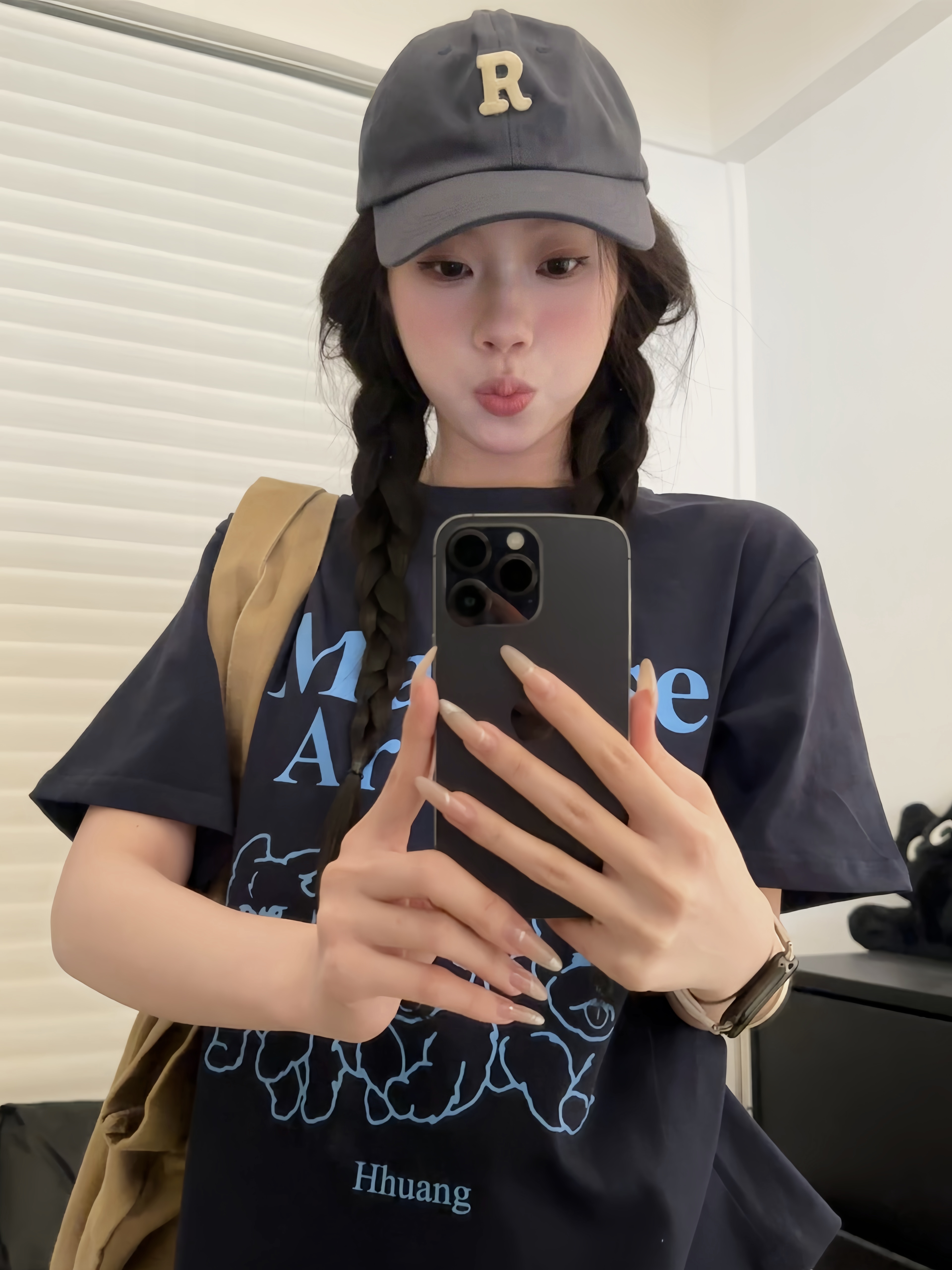 BèBè 夏季韩版卡通小狗印花短袖纯棉藏青色显白圆领百搭小众休闲