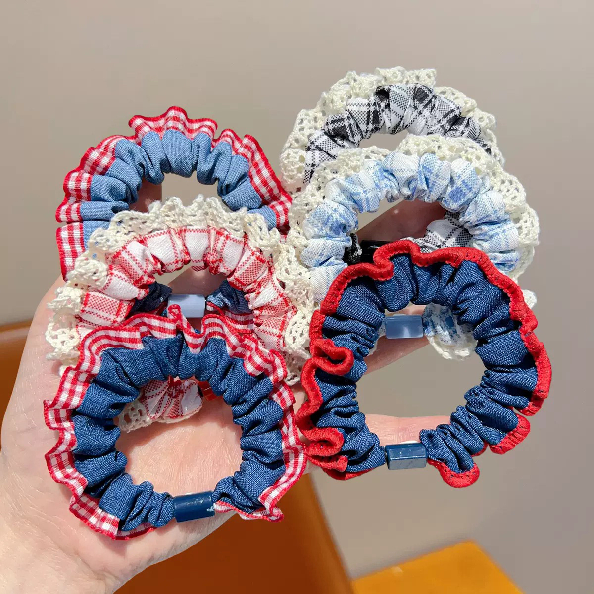 Y新款牛仔色格子小肠圈发圈