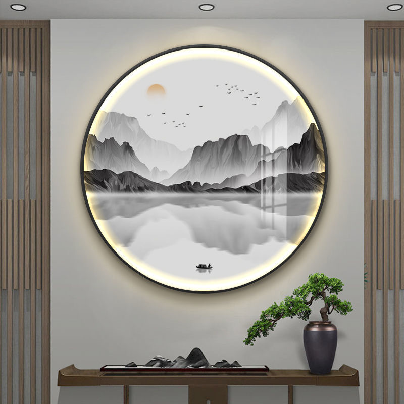 新中式圆形客厅玄关书房背景装饰画水墨风景意境山水茶室圆挂画
