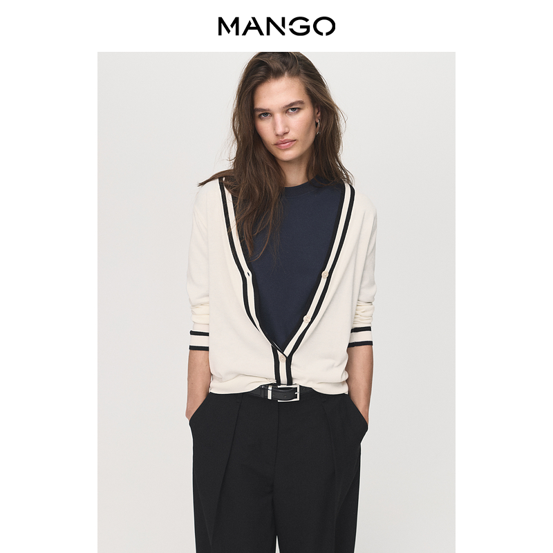 MANGO女装毛针织衫2025秋装新款撞色拼接V领长袖对比色条纹开衫