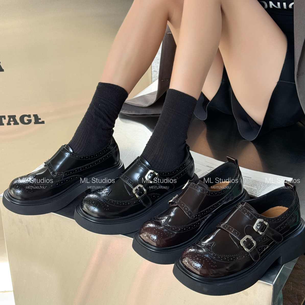 火火【高版本4.5】8808高版本英伦风厚底粗跟谬系厚底乐福鞋