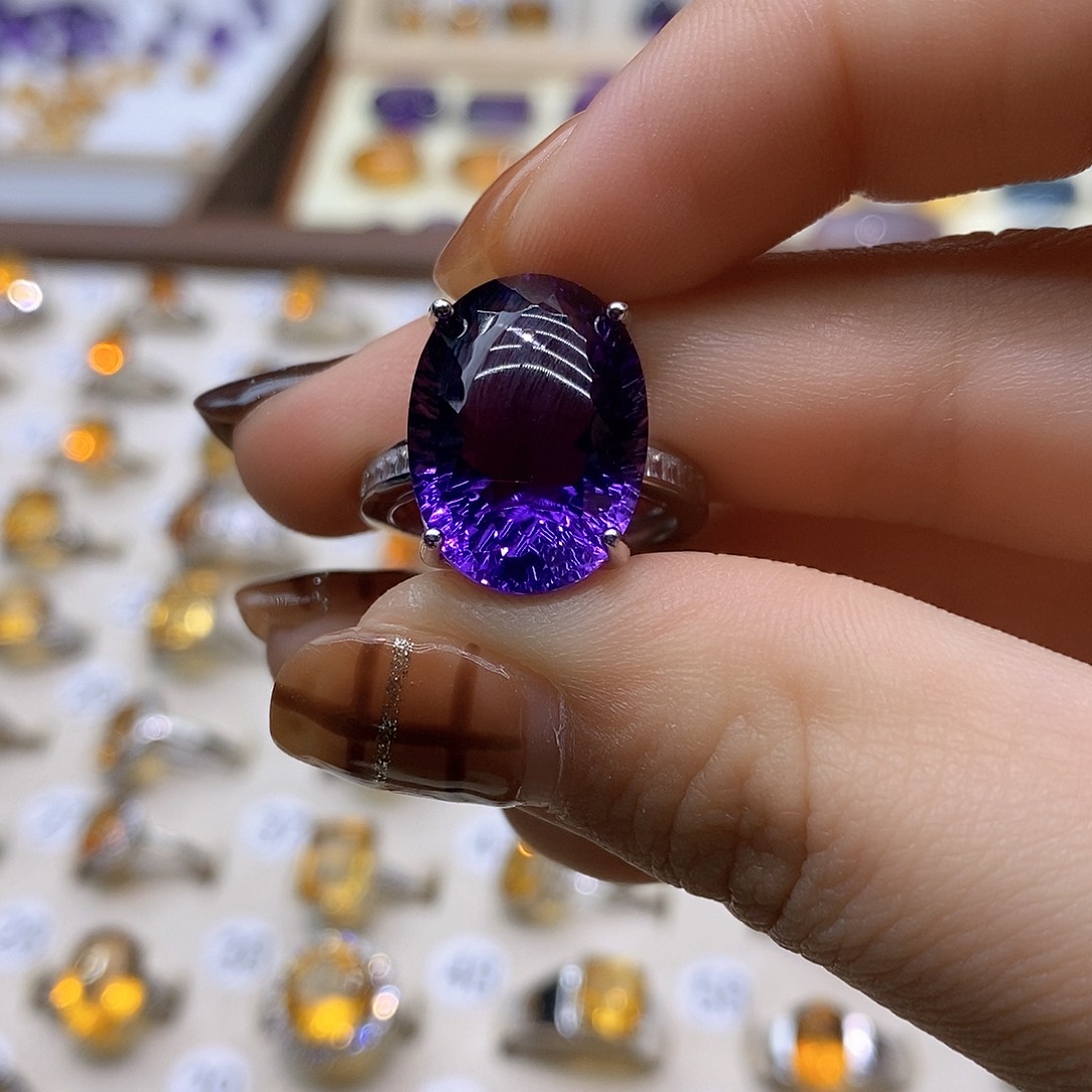 红***红银S925镶嵌戒指水晶纯天然紫水晶戒指J