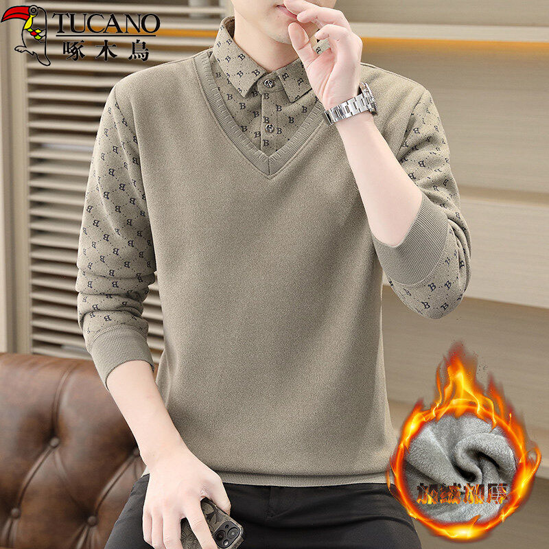TUCANO/啄木鳥秋冬季假两件衬衫领毛衣男内搭针织加绒加厚