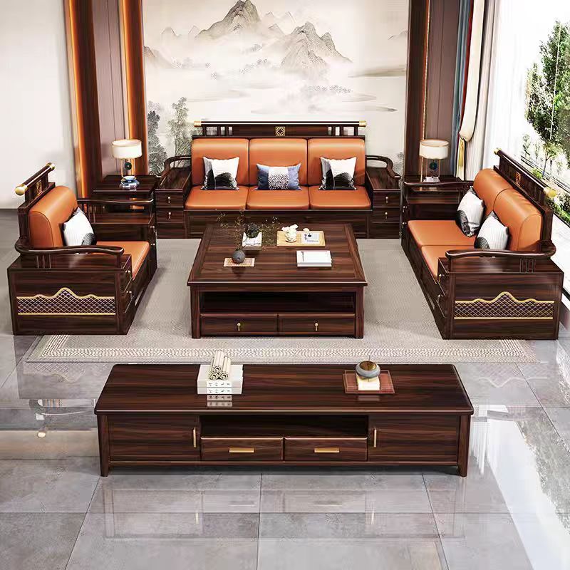 新中式乌金木实木沙发冬夏两用客厅大小户型储物实木布艺沙发组合