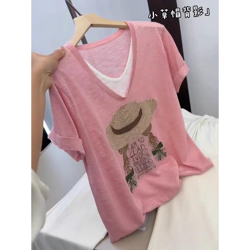 大码超好看假两件粉色上衣女夏季新款胖MM显瘦慵懒风宽松短袖T恤