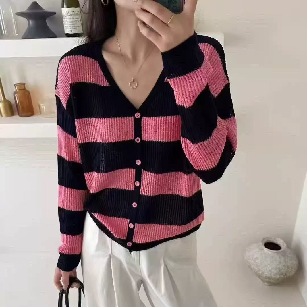 【珊珊服饰】秋季新款条纹拼色开衫针织毛衣