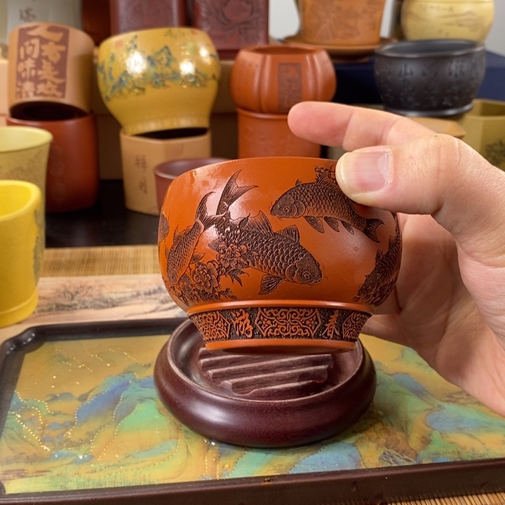 紫砂茶杯鲤鱼主人杯