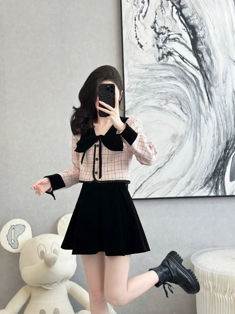 少女风法式轻职风休闲风时尚套装高腰秋冬小香风