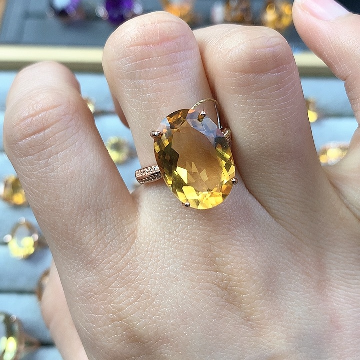黄晶戒指银S925镶嵌天然黄水晶