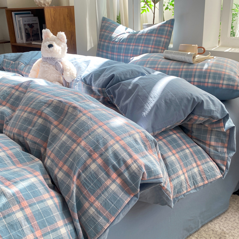 全棉色织水洗棉三四件套日系无印风100%纯棉格子百搭居家宿舍被套