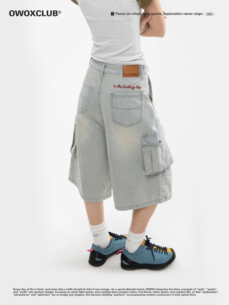 OWOX 水洗浅蓝条纹大口袋牛仔裤中裤夏季阔腿直筒七分裤短裤AK216