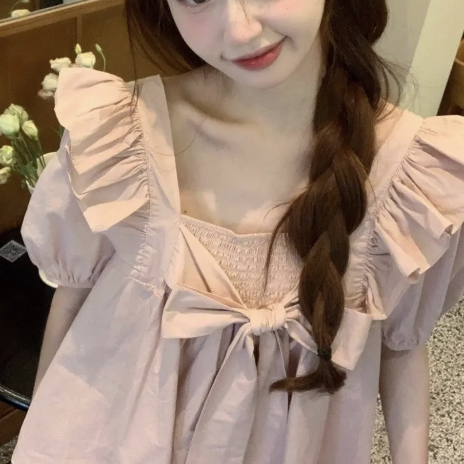 大码法式甜美方领小飞袖荷叶衬衫春夏季新款粉色娃娃显瘦正反两穿